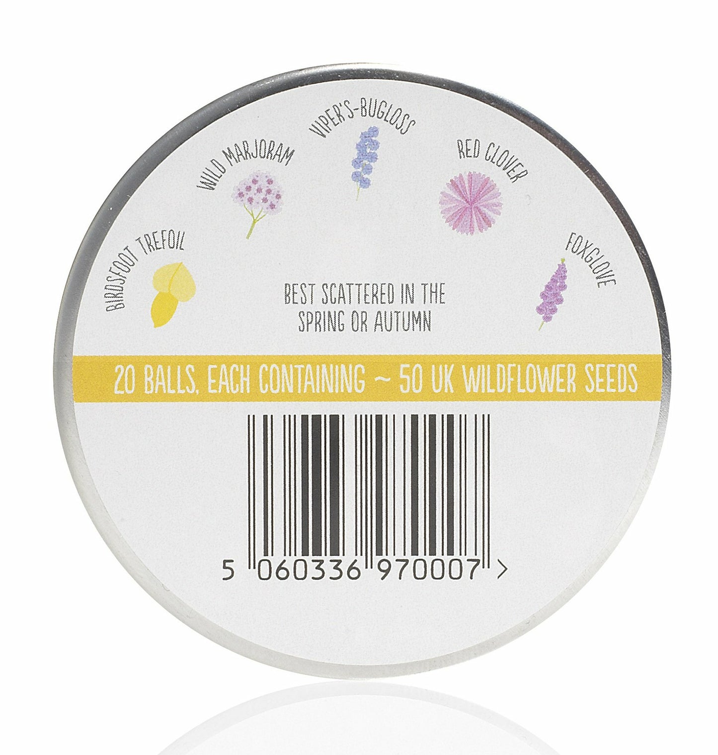 bottom of tin seedball wildflower seeds available from beevive