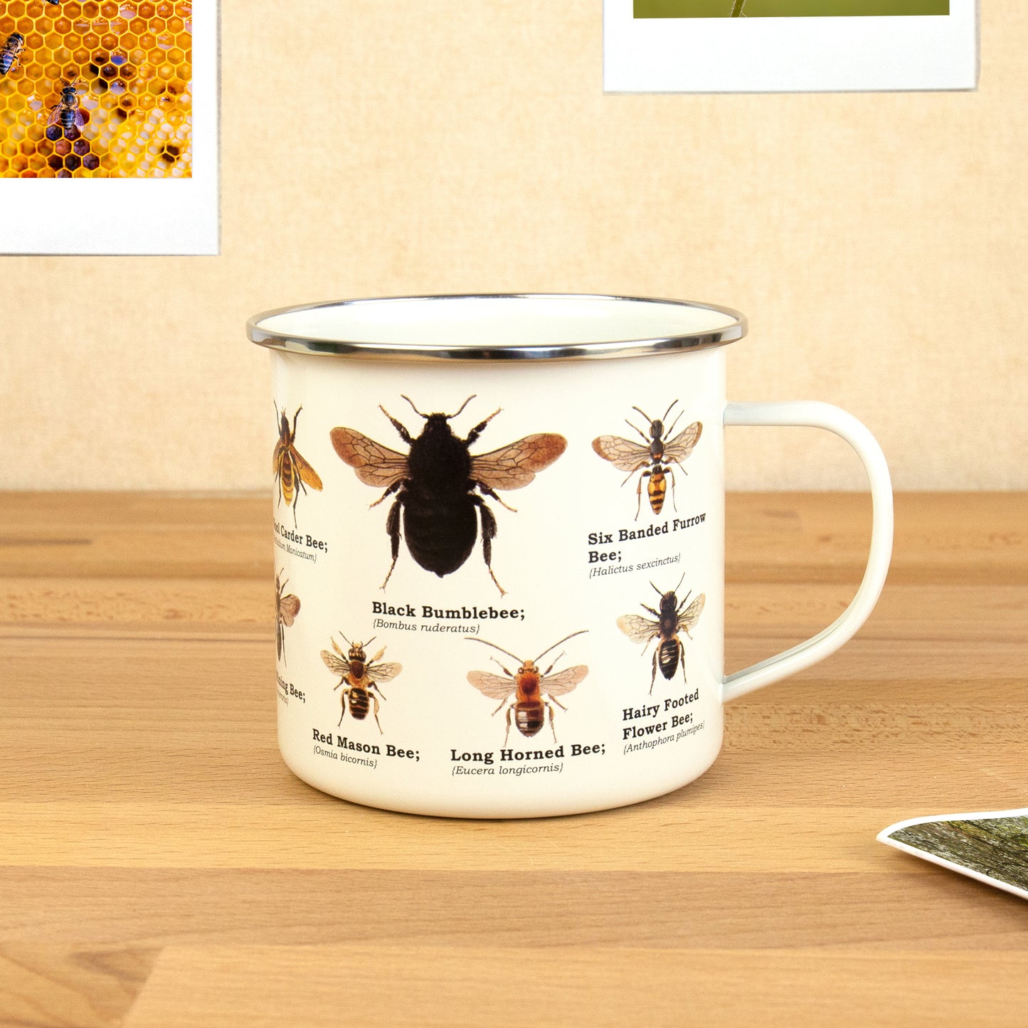 eye level shot of the bee enamel mug on a wooden desk office mockup