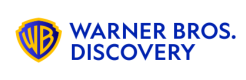 The Warner Bros. Discovery logo is shown on a plain white background, with the yellow-and-blue circular WB emblem on the left and the blue text 'WARNER BROS.