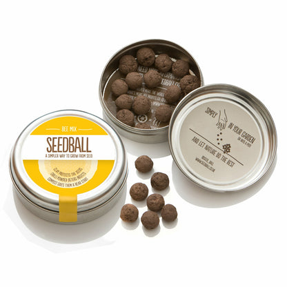 opened tin showing contens of bee mix seedballs classic silver - available from beevive