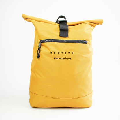 front image on white background of the mustard coloured Beevive adventure recycled roll-top backpack available from beevive.com