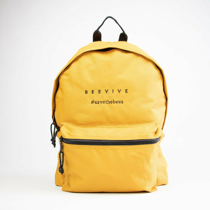 yellow Beevive adventure recycled backpack with hashtag savethebees and the beevive logo stitching - shot on white background