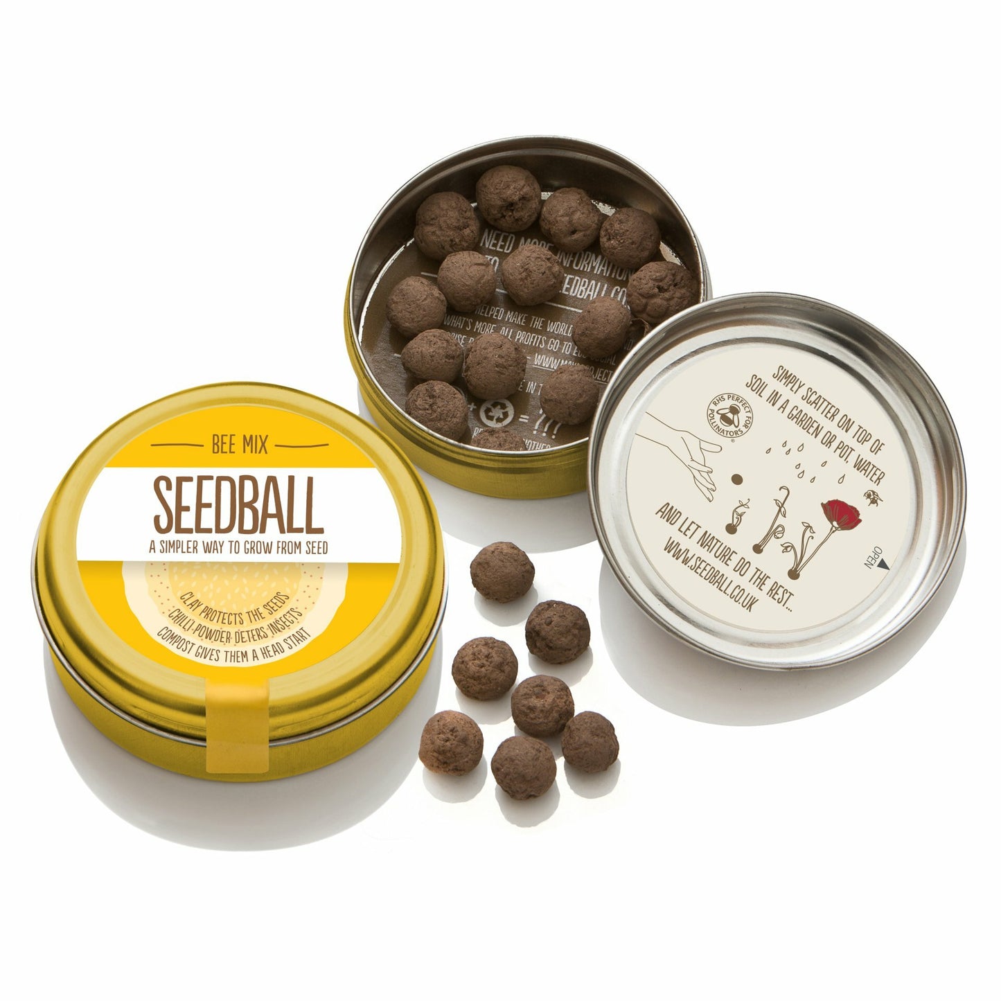 opened tin showing contens of bee mix seedballs gold - available from beevive
