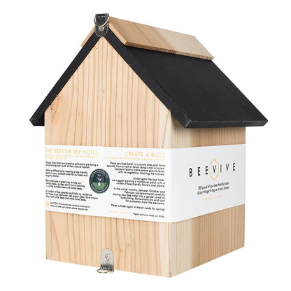 rear of bee hotel 2.0 showing additional information on cardboard sleeve available from beevive.com