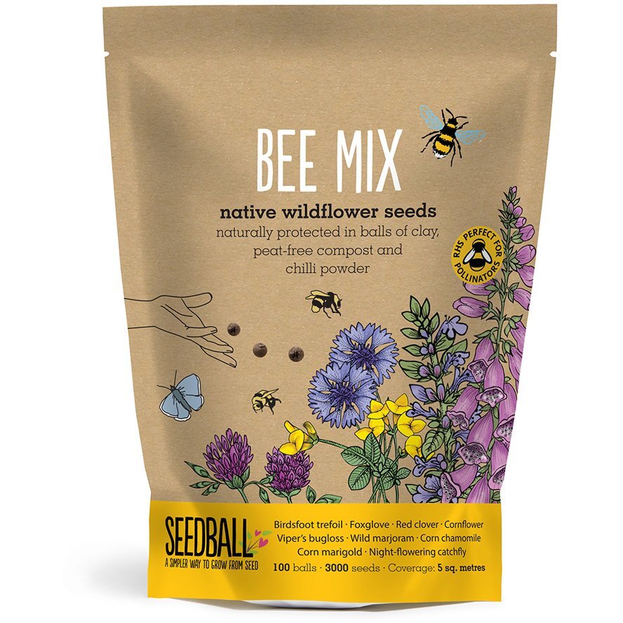 front of bee mix grab bag containing 100 seed balls of native wildflower seeds - available from beevive.com