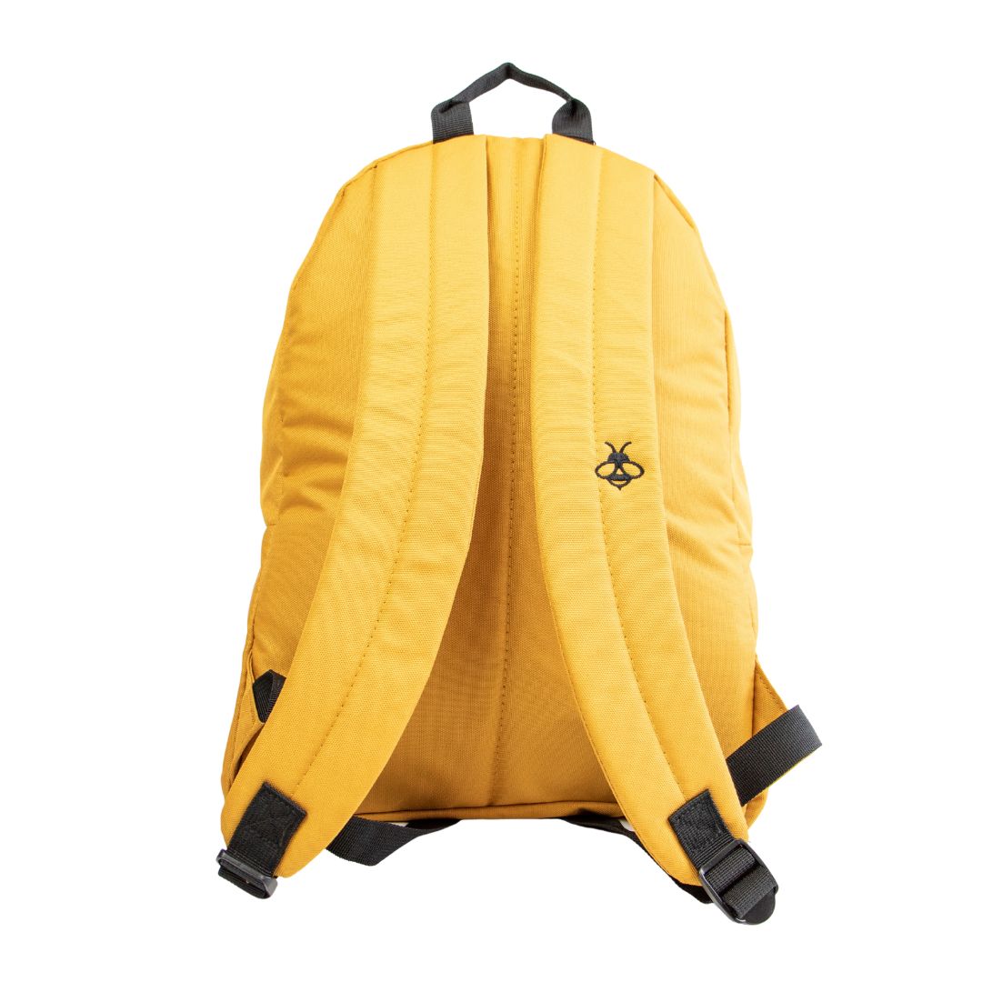 yellow Beevive adventure recycled backpack showing strap detail with a bee stitched into one of the straps - shot on white background
