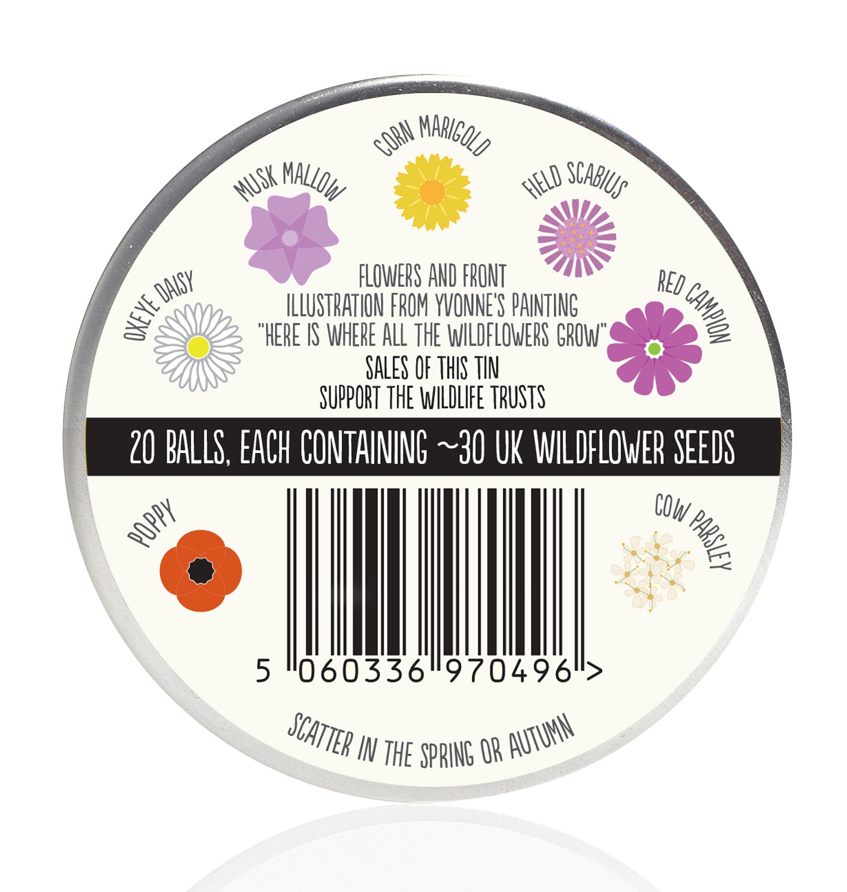 bottom of tin yvonne coomber artist meadow seedball wildflower seeds available from beevive